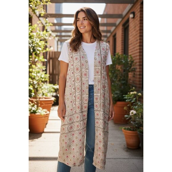 NEW Surroundings Boho Beaded Duster Vest Long Open Front Sleeveless Layering O/S - Picture 1 of 15